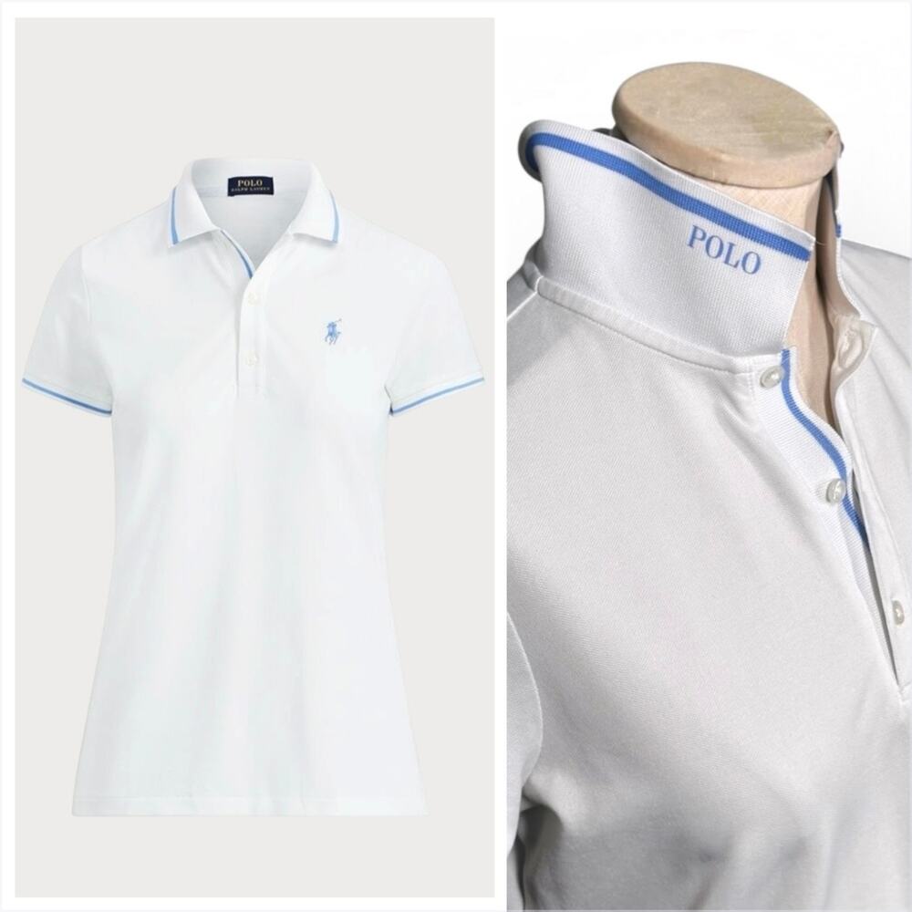 POLO GOLF RALPH LAUREN Performance Pique Top White Blue Tailored Preppy Tennis
